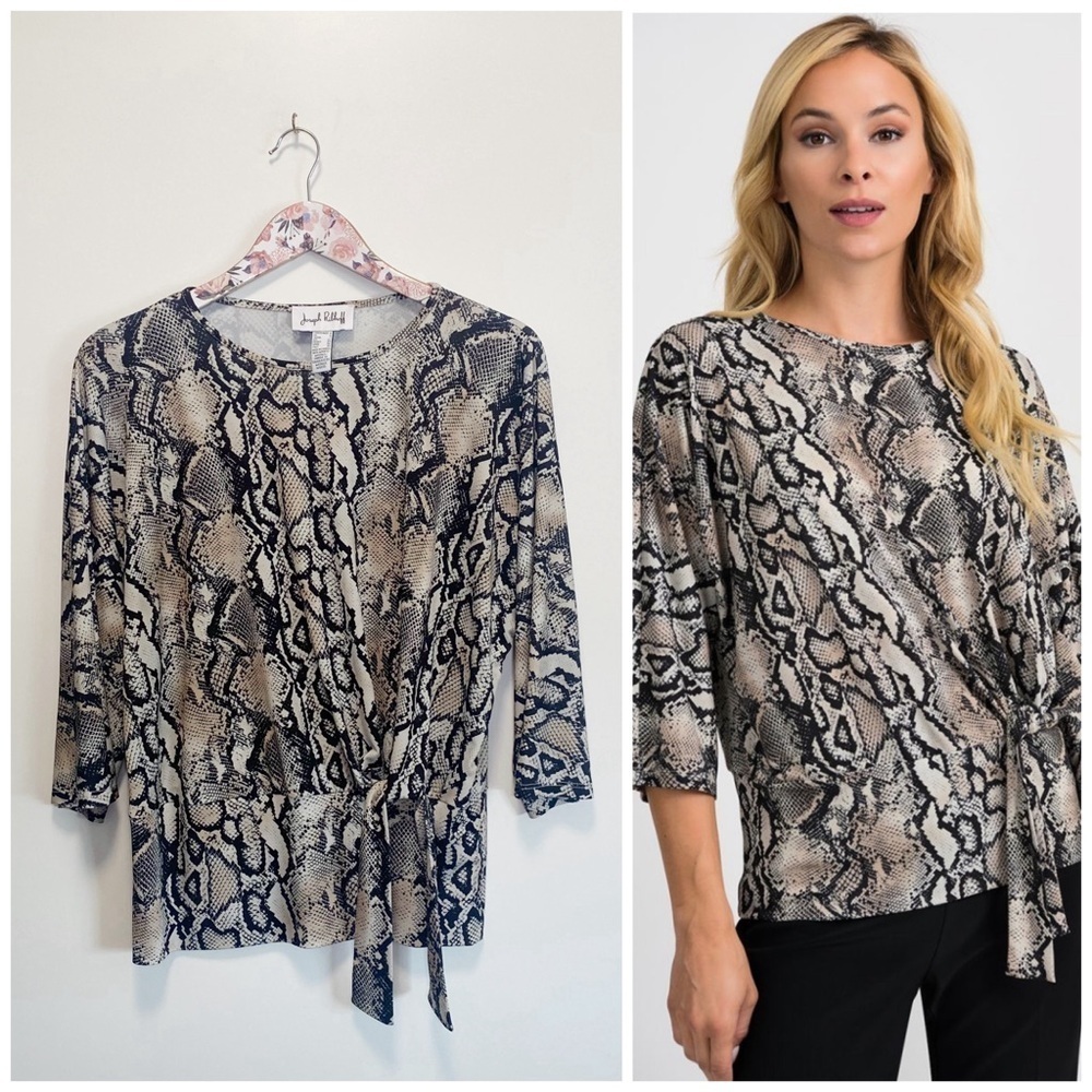 JOSEPH RIBKOFF Beige & Black Snake Skin Print Knot Front Top Blouse Size 4